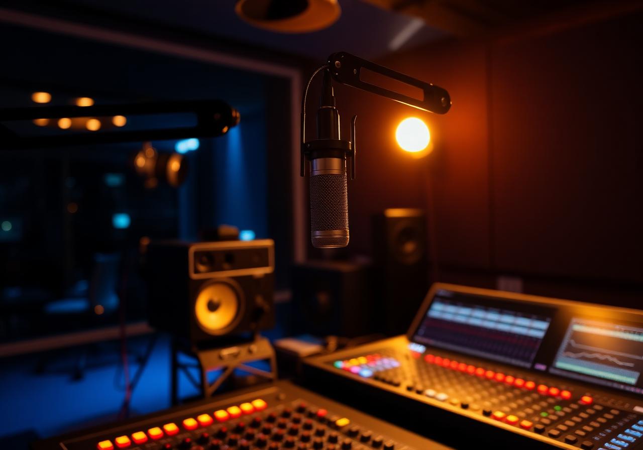 Professional radio studio at night